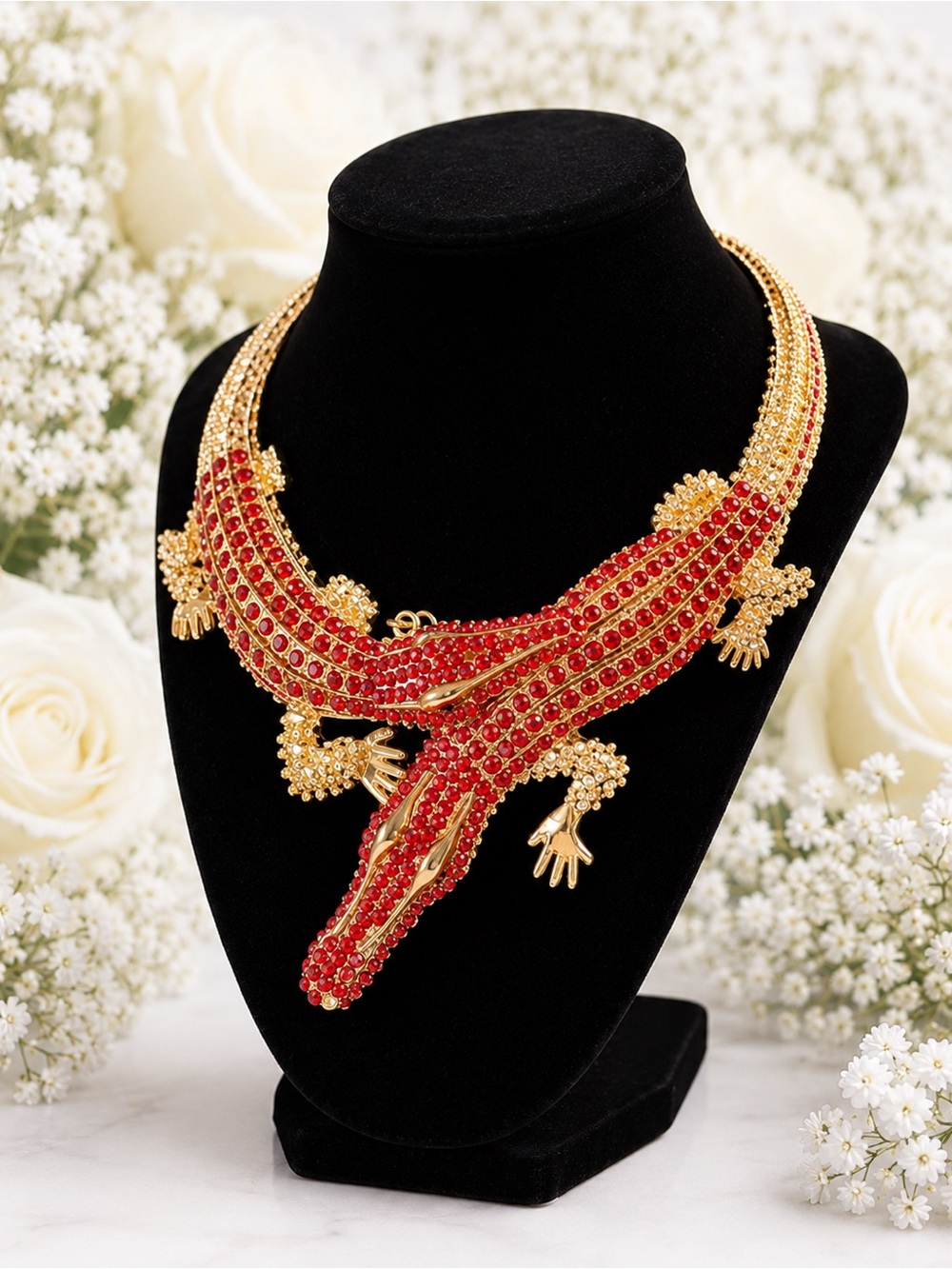 Gold and Red Crocodile Statement Necklace - Women Jewelry
